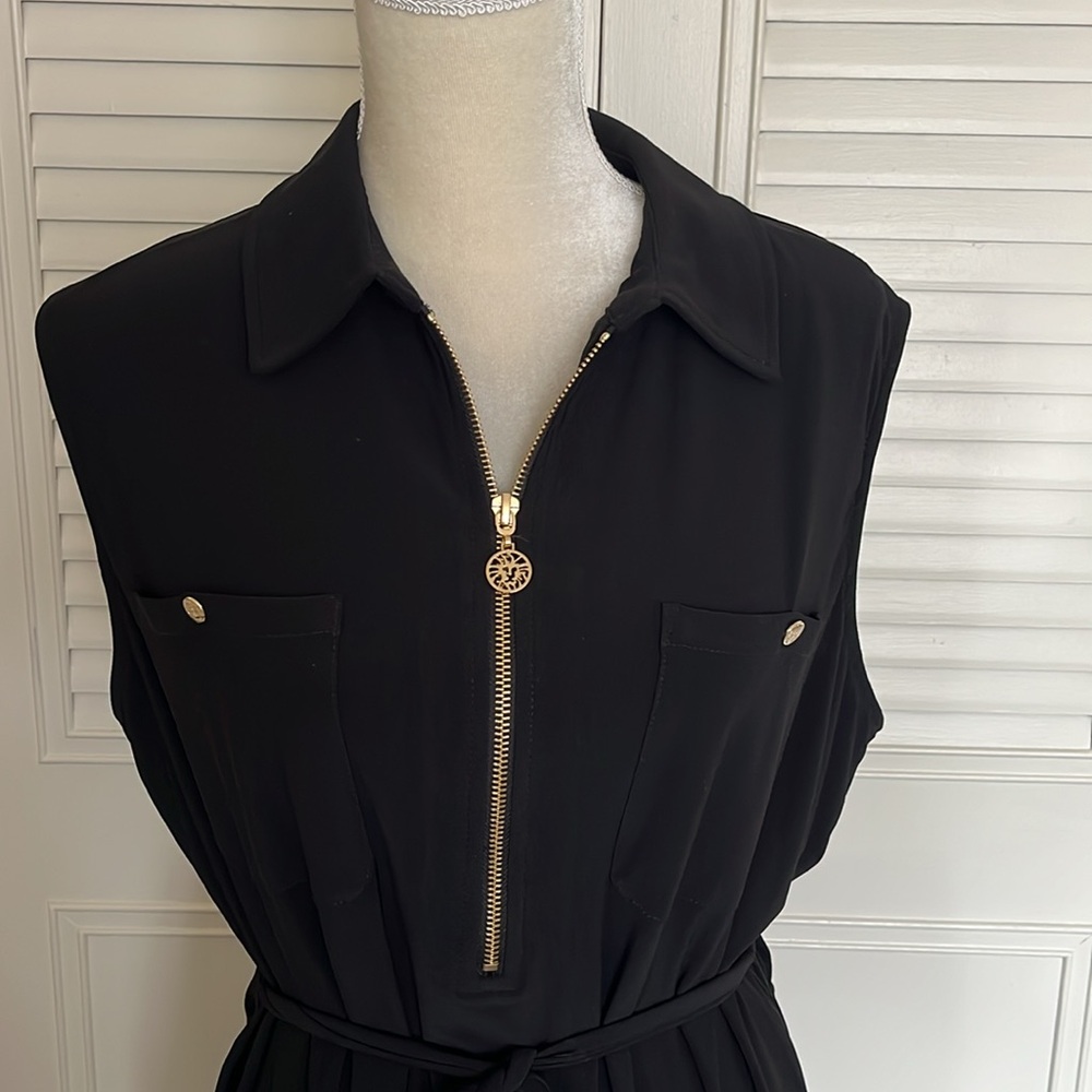Anne Klein Black Sleeveless Midi Dress Gold Zip Waist Tie 2X Plus Size - Picture 3 of 10